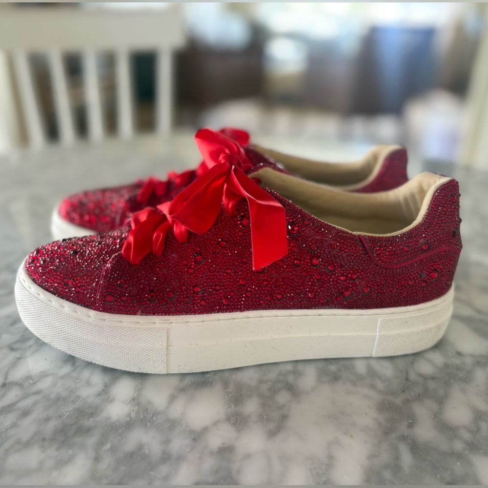 Betsey Johnson Red Glitter Sneakers with Ribbon Laces